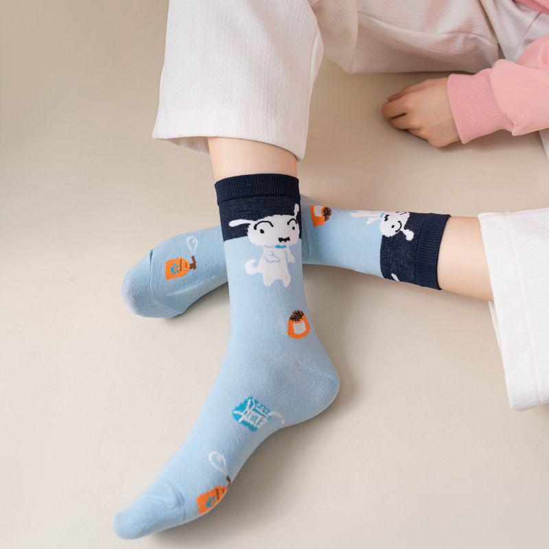 Women's Cute Anime Cartoon Combed Cotton Socks - Korean Style, Colorful Mid-Length