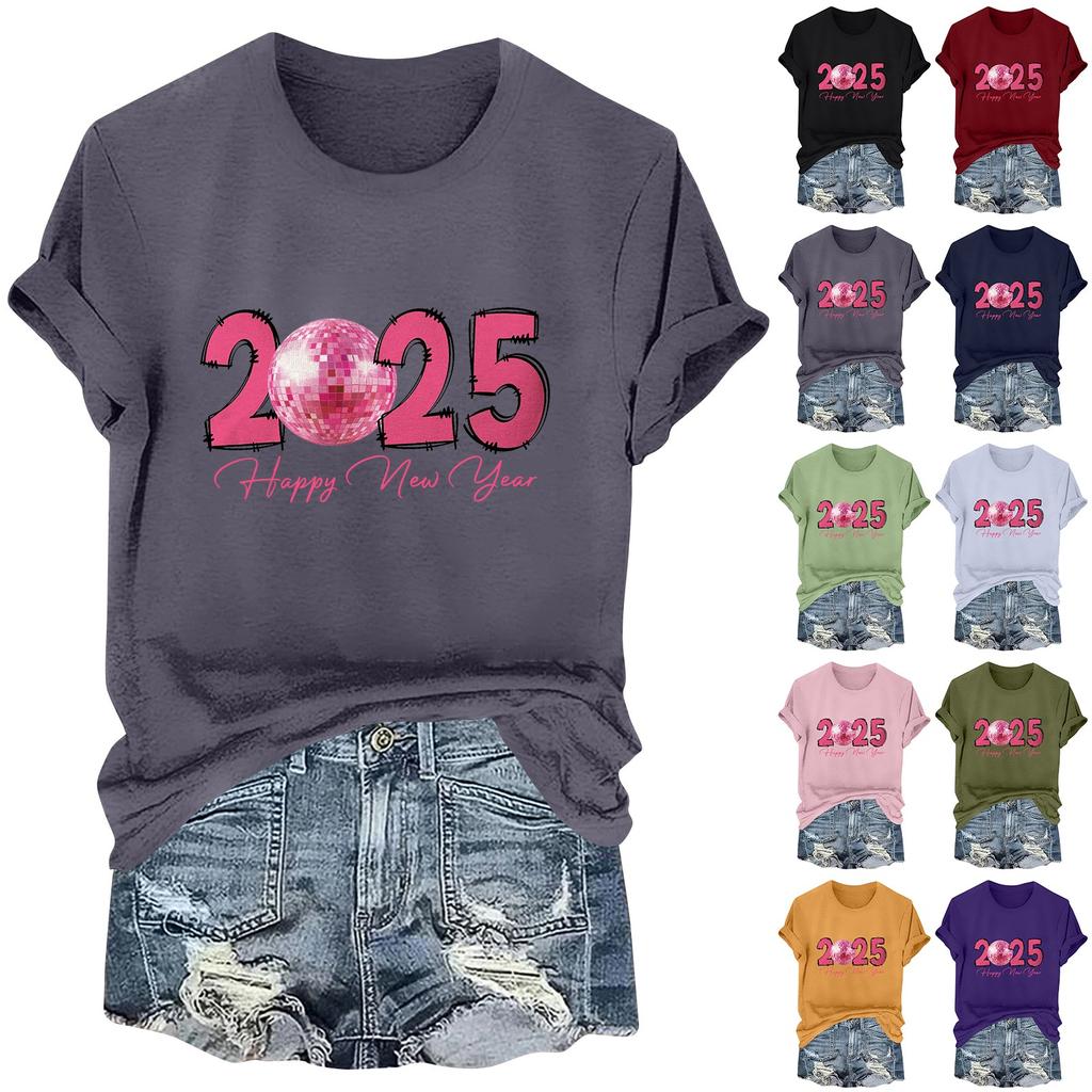 Women's Long Sleeve Round Neck T-Shirts 2025 New Year Print Puff Sleeve Shirts Button Blouses Tops