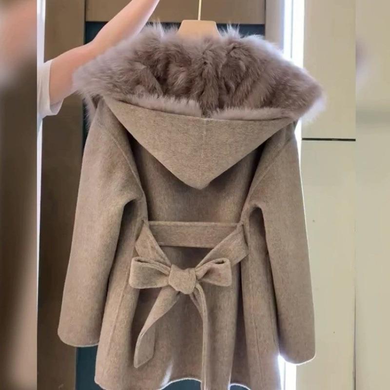 Зимняя утолщенная теплая одежда с хлопковой подкладкой, теплая лисья шерсть, женская верхняя одежда, женская, с обеих сторон, шерстяное пальто с капюшоном