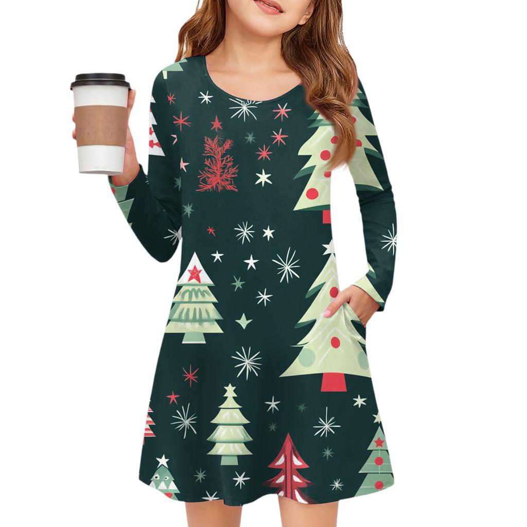 Christmas Day Girls' Long Sleeve Dress - Color Pocket Dress
