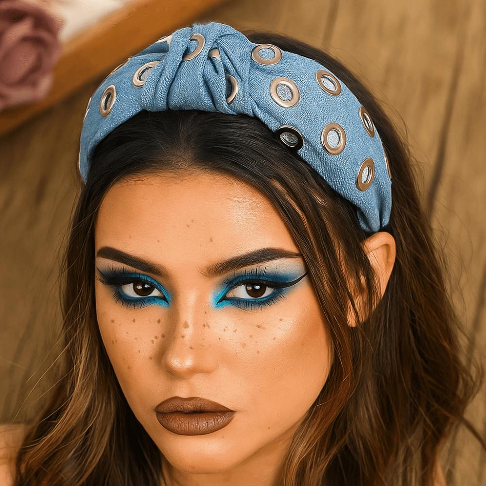 Широкая джинсовая повязка на голову Y2K Повязка на голову с полыми люверсами Аксессуары для волос Панк Повязка для волос Вечеринка