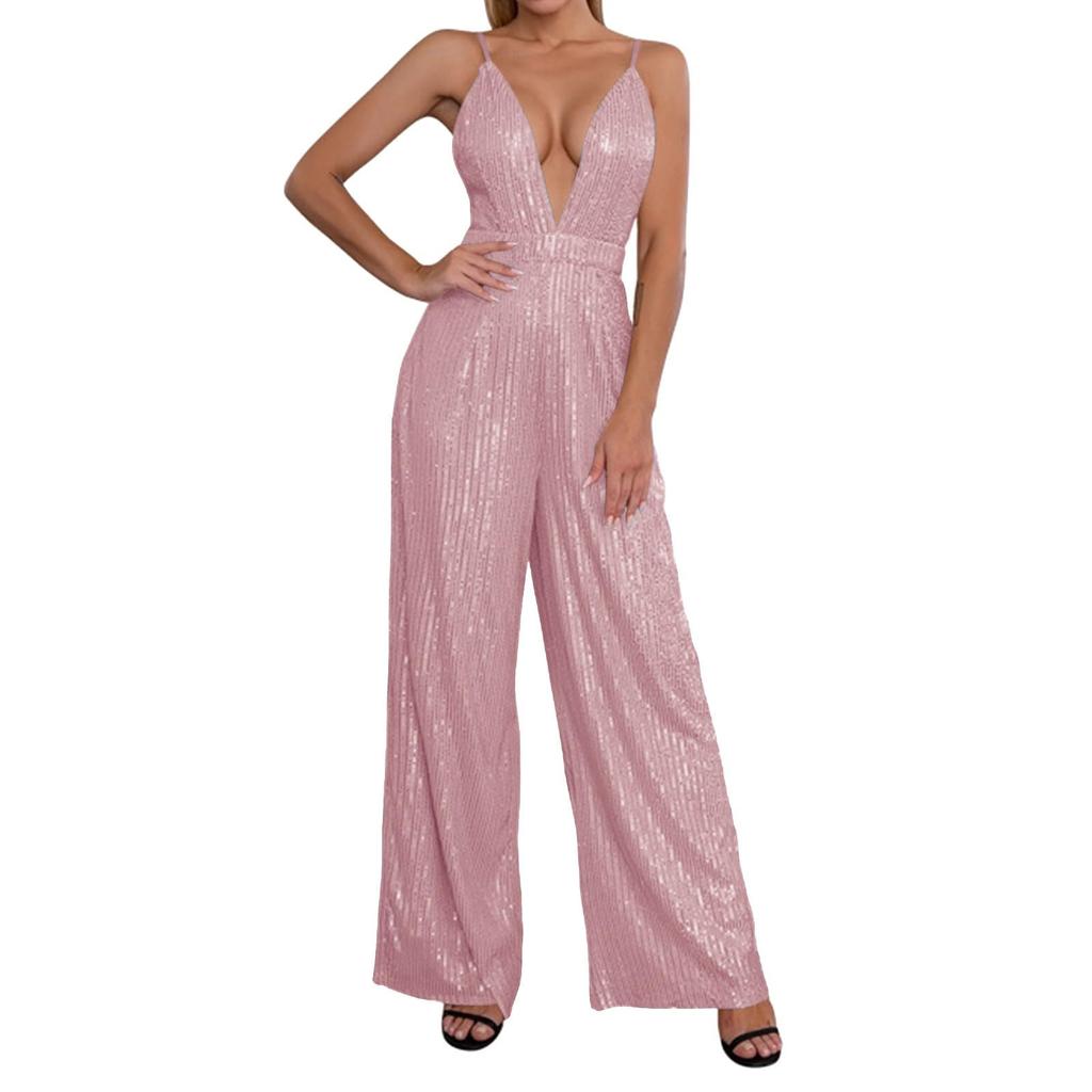 Женский модный повседневный комбинезон с V-образным вырезом, открытой спиной, без рукавов, с пайетками, однотонный