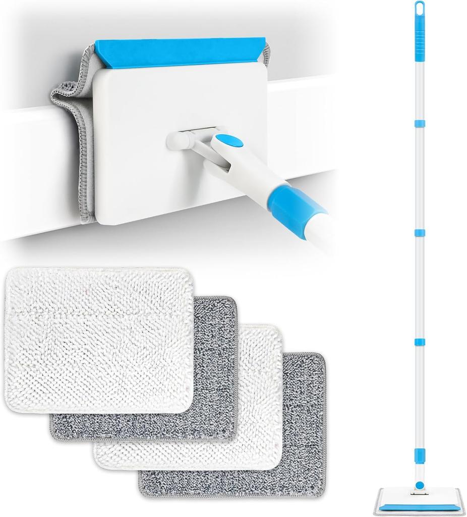 Baseboard Cleaner Tool with Handle,Baseboard Cleaner with Extendable Long Handle,4Reusable Cleaning Pads Wall Cleaner for Baseboards Cleaning, Ceiling