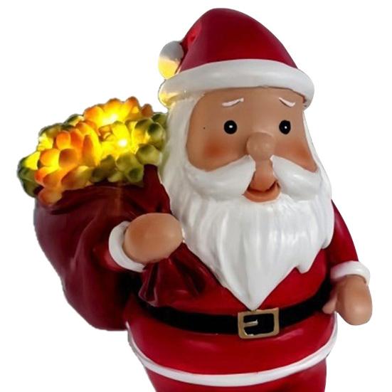 Lighted Santa Claus Figurines Resin Santa Sculpture with Gift Bag On Back Solar Powered