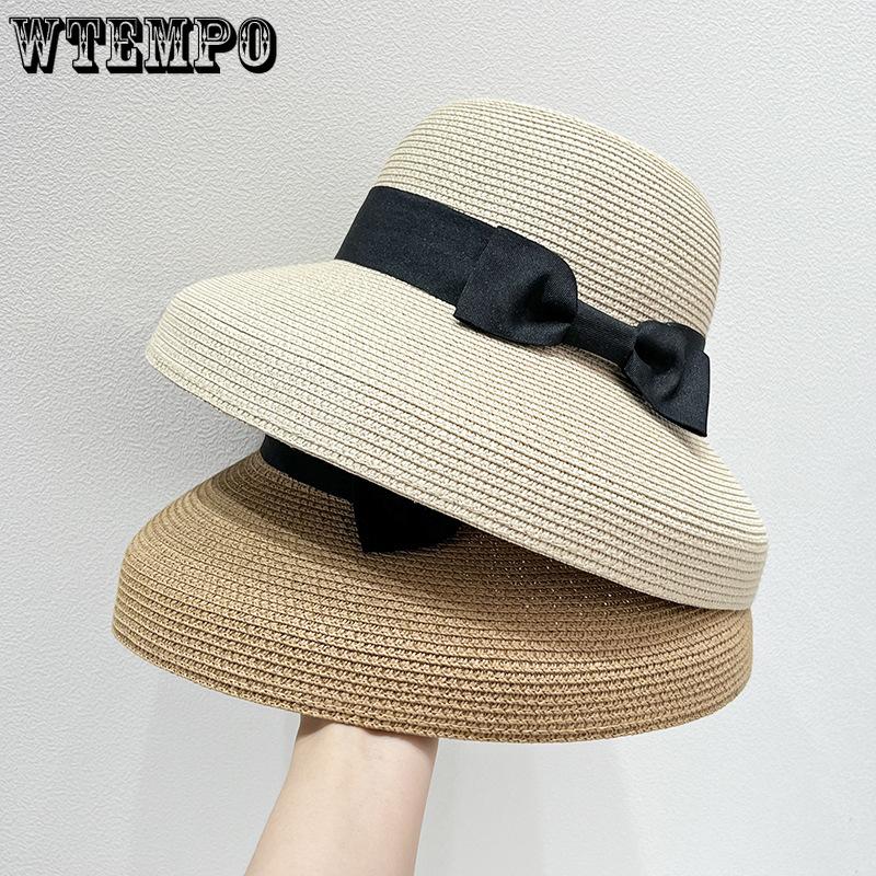 Summer Sun Protection Hat Woven Bow Sun Protection Big Brim Straw Hat UV Protection Fisherman Hat