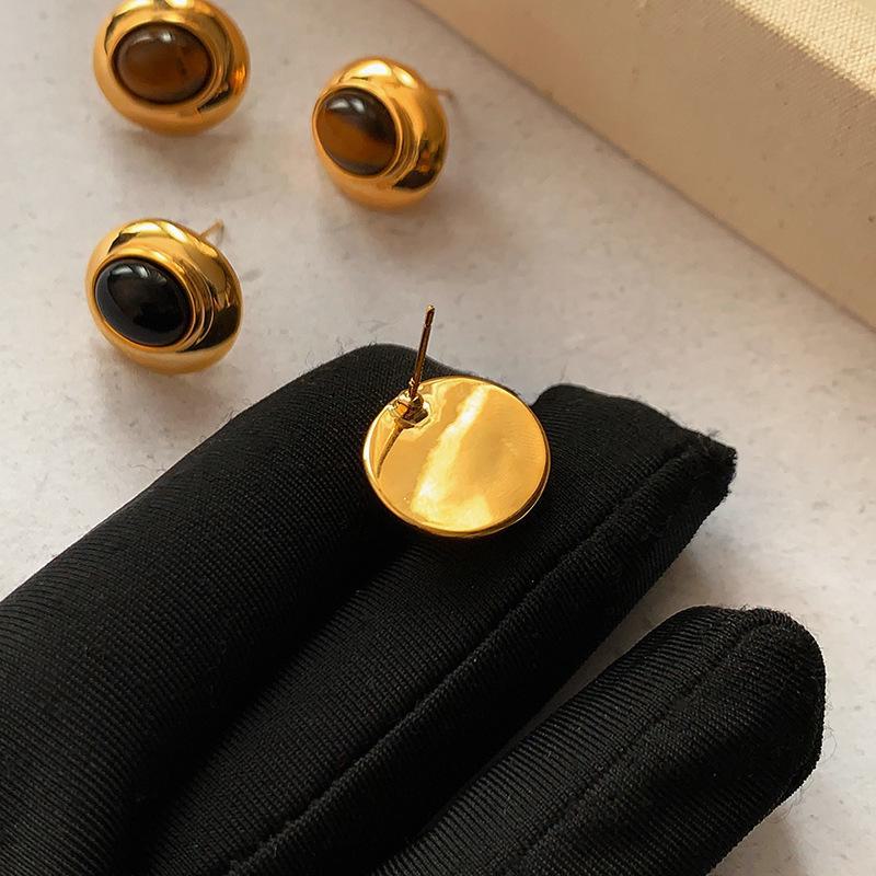 Vintage Tiger Eye Stone Earrings: Gold Electroplated, Sterling Silver Needle, Unique Light Luxury Design