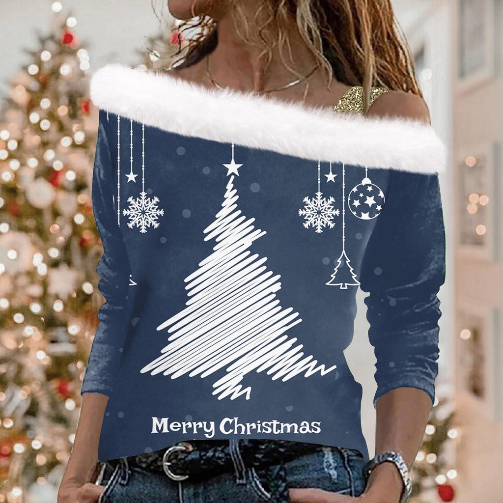 Женский повседневный свободный топ с длинными рукавами и рождественским принтом из плюша