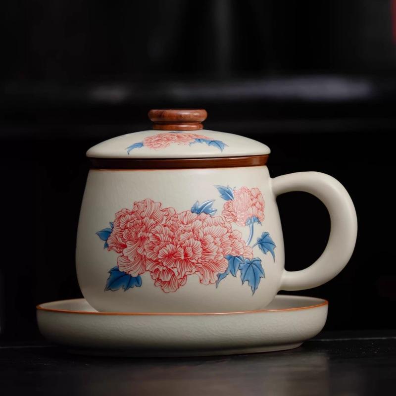 High-end mugs, Ru kiln hibiscus flower Chinese-style ceramic tea brewing cups, lidded inner pot, tea filter, and separate office cups