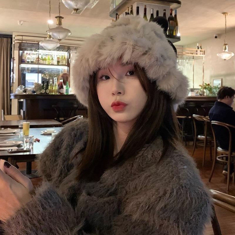 Rabbit Hair Hat Women's Autumn and Winter Thickened Warm Ear Protection Knitted Hat Loose Big Head Circumference Wool Bucket Hat Shows Small Face