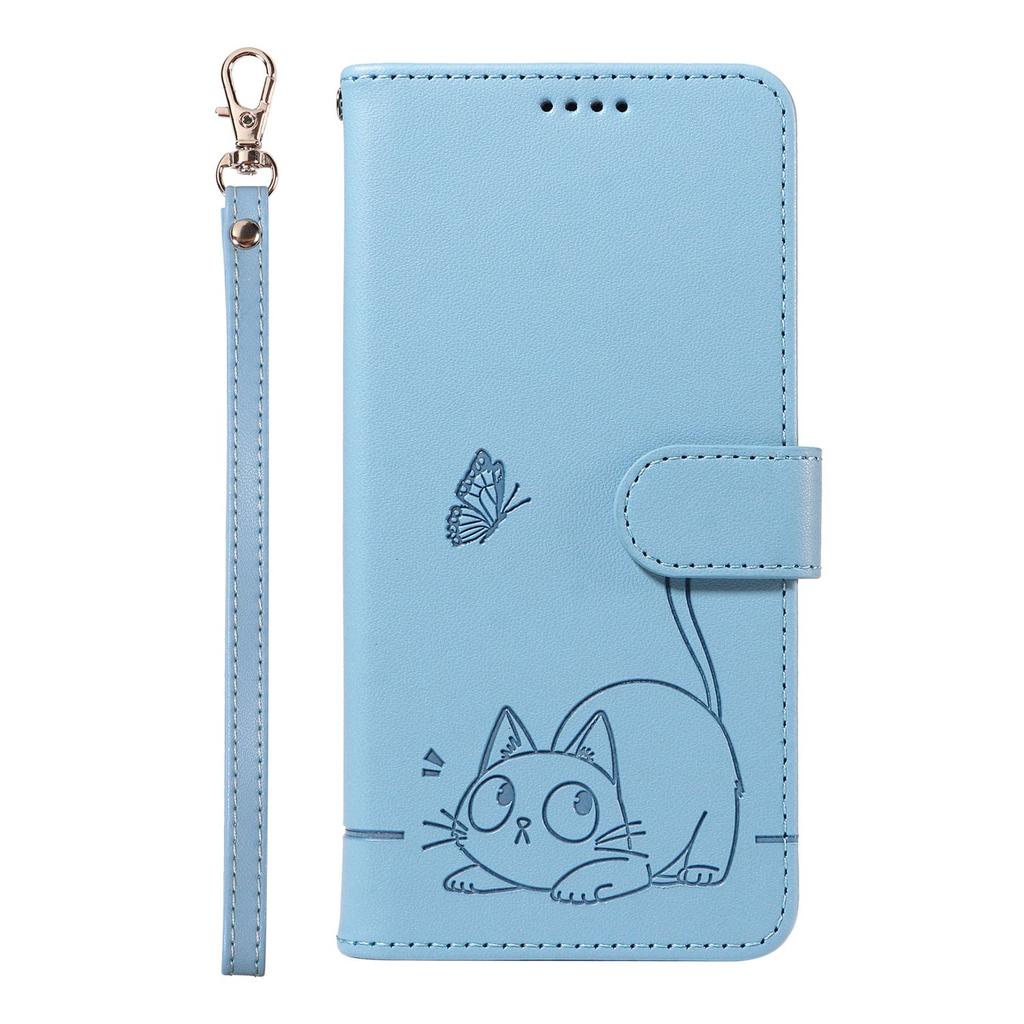 Leather Wallet Flip Case For OPPO Reno 15 Pro Max mini 15F 14 14F 13 13F 12 12F 11 11F 10 Cat and Butterfly Embossed,Wrist Strap