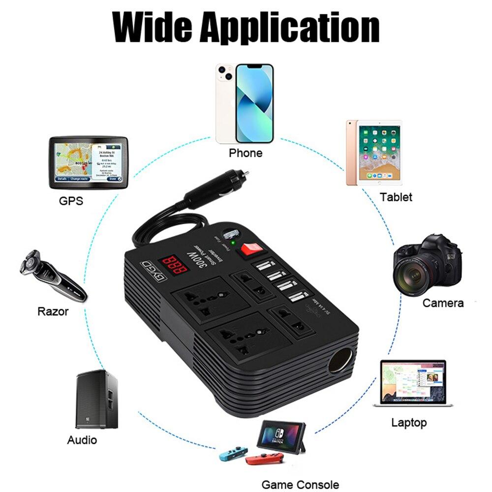 Защита от перегрузки Автомобильный инвертор 4 розетки переменного тока 4 USB-порта Переключатель ВКЛ/ВЫКЛ с предохранителем 300 Вт DC 12 В в AC 220 В Преобразователь Адаптер питания