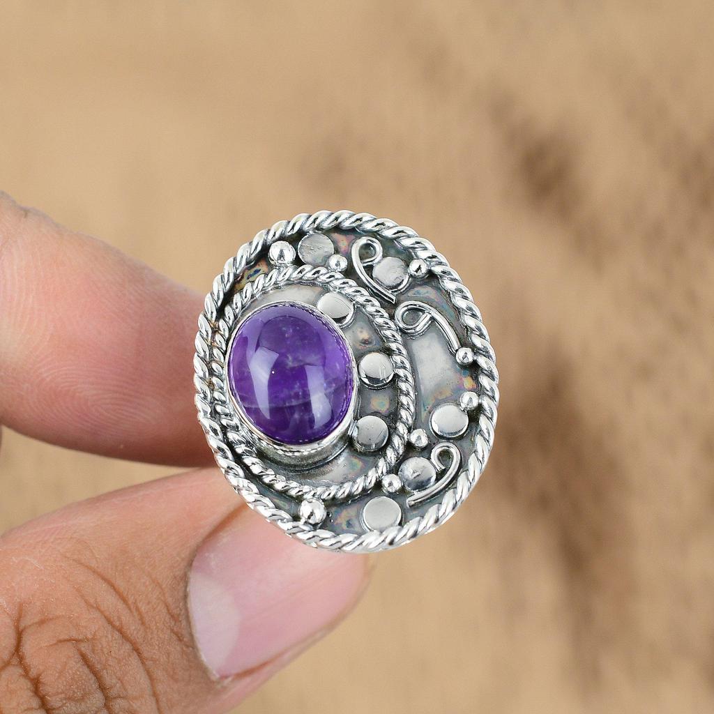 Natural African Amethyst Gemstone Promise Adjustable Ring 925 Silver For Girls