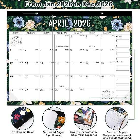 2026 Desk Calendar - 12 Months Calendar 2026, JAN.2026 - DEC.2026, 14.6" x 11.5", Desktop Calendar 2026 with Blank Blocks, Cutting Line, Corner