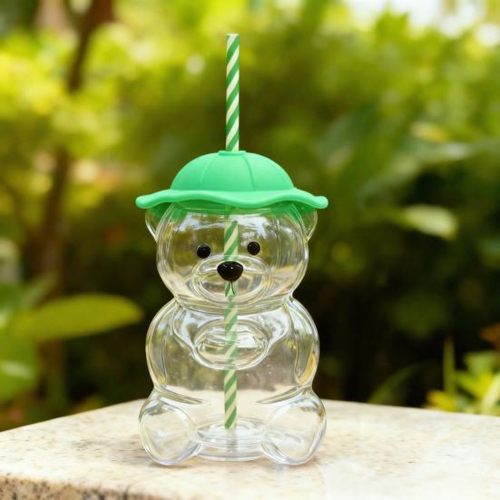 Teddy Bear Glass Sippy Cup with Straw BPA-Free 580ml Large Capacity Glass Tumbler for Cold Drinks Homemade Beverage Container