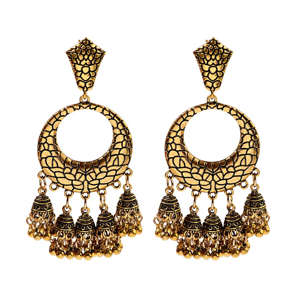 Women‘s Boho Ethnic Gold Copper Plated Jhumka Indian Earring Gypsy Zircon Vintage Big Bells Dangle Hanging Earrings For Women