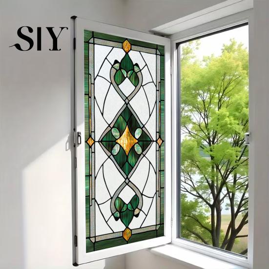 Light Filtering Window Film Geometric Privacy Retro Stained Glass Pattern Static Cling Bedroom Frosted Removable Waterproof for Bathroom Kitchen