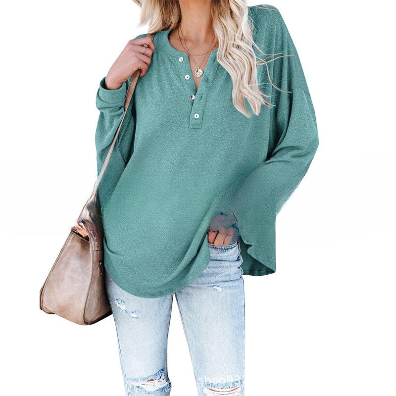 INDFS Женская мода Повседневный однотонный принт Весна Осень Длинные рукава V-образный вырез Пуловеры и длинные рукава