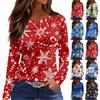 Women's Fashion Casual Slit Hem Round Neck Long Sleeve Loose Christmas Printed T-Shirt Ladies Top