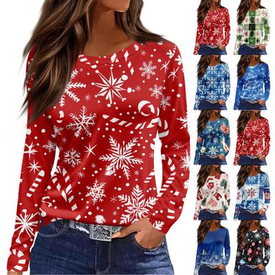 Женская модная повседневная футболка с разрезом по низу, круглым вырезом, длинными рукавами, свободного кроя, с рождественским принтом, женский топ