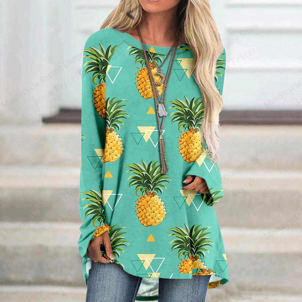 Новая женская футболка с забавным рисунком ананаса, 3D-принт, женская мода, повседневная, с круглым вырезом, с длинным рукавом, футболки, женская одежда