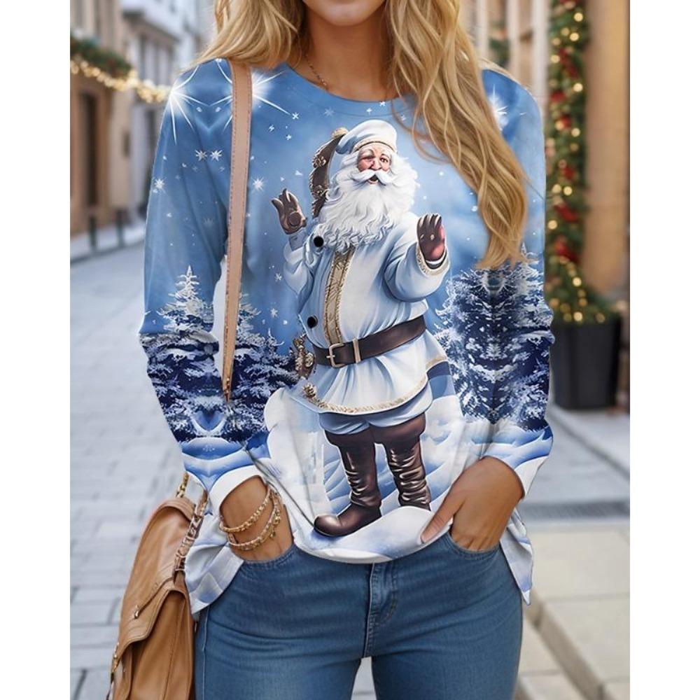 Christmas Women Sweatshirt Designer Round Neck Long Sleeve Loose Casual Christmas Snowman Fun Pattern Print Top
