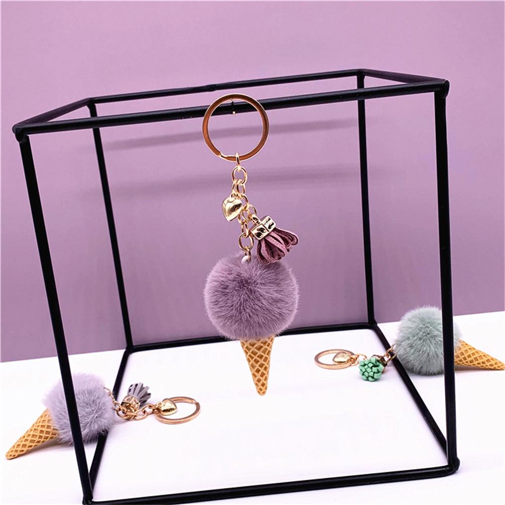 1pc Fashion Cute Mini Ice Cream Key Ring With Tassel Student Fluffy Pom Pom Velvet Plush Keychain For Girls Bag Decoration Gift