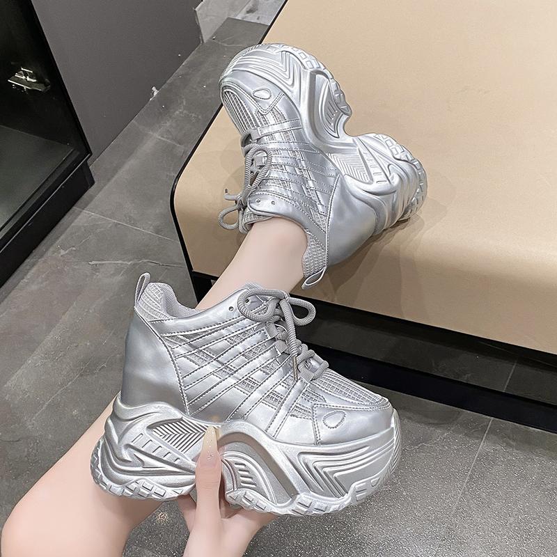2024 Spring Autumn Chunky Sneakers Women Bling Platform Sports Shoes Woman Goth Thick Bottom High Heels Female Leather Sneakers