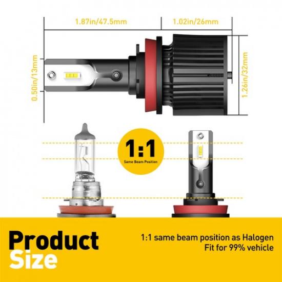 H8 H11 LED Headlight Bulb H9 Hi/Lo 90W Conversion Set White High Beam Power New