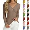 Women's Fashion Twisted V-Neck Slim T-Shirt Long Sleeve Pullover Solid Colour Top