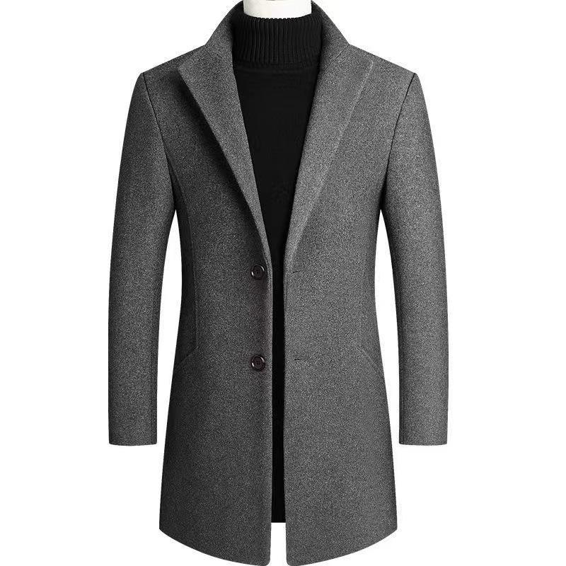 Autumn and Winter Men's Medium and Long Woolen Coat Men's Slim-fitting Solid-color Lapel Trench Coat