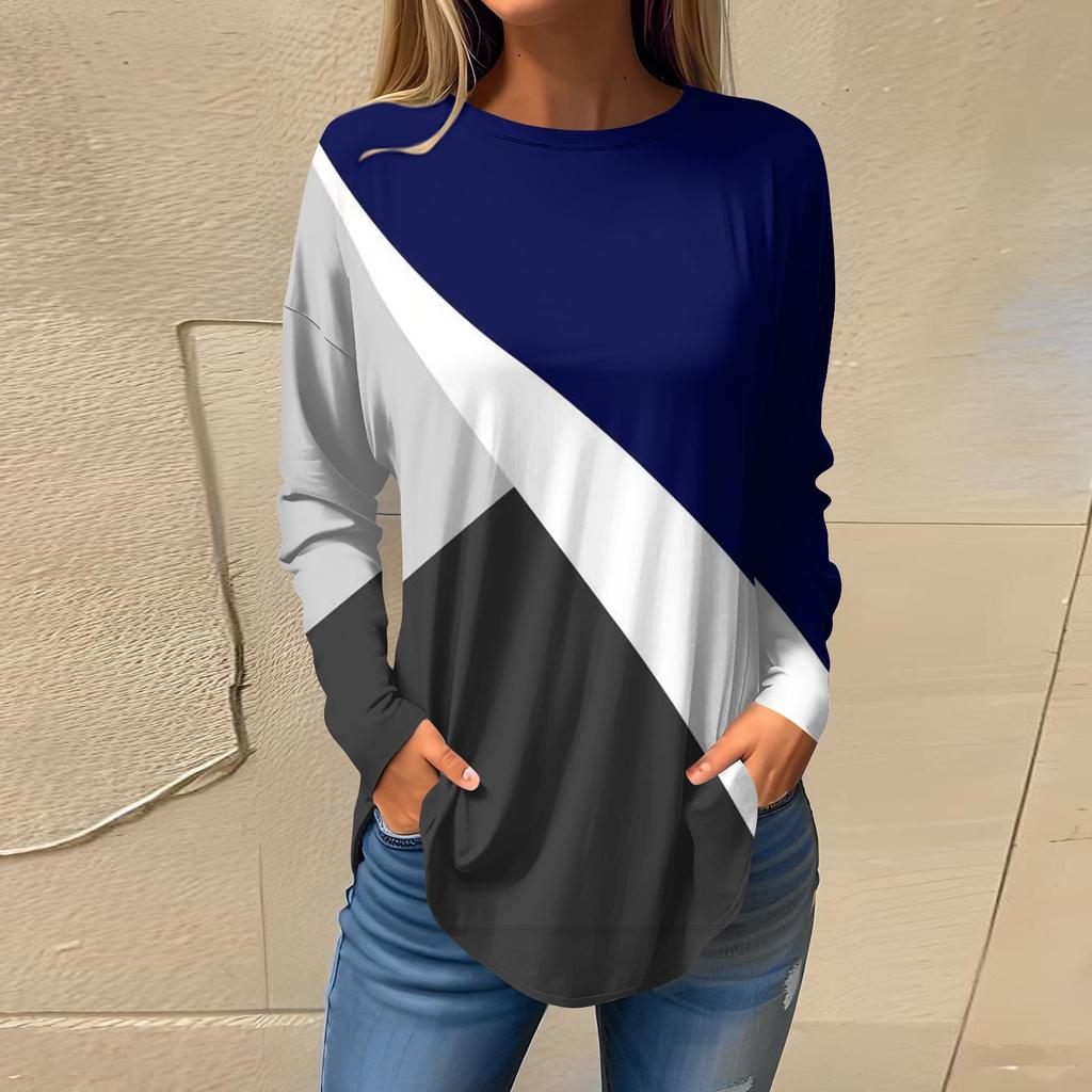 Tee Shirts For Women Fall Casual Long Sleeve Shirts Sweatshirt Geometric Stitching Printing Top Pullover