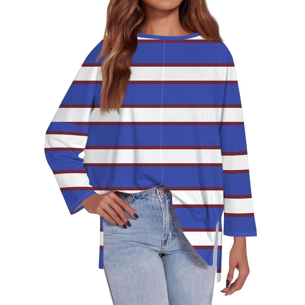 Женская модная свободная футболка большого размера с круглым вырезом и длинным рукавом, разрезом по бокам, в полоску, с принтом, повседневный топ