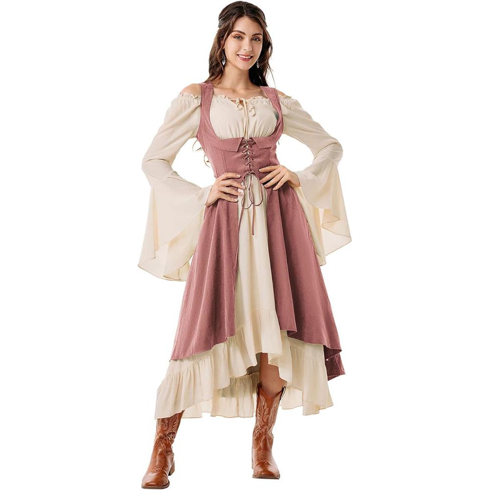Women Renaissance Costume Underbust Pirate Peasant High Low Dress with Pockets