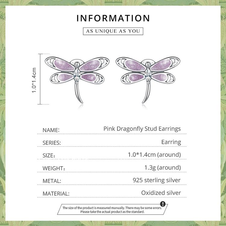 WOSTU 925 Sterling Silver Fine Pink Dragonfly Stud Earrings Insect Animal Ear Studs for Women Original High Quality Jewelry