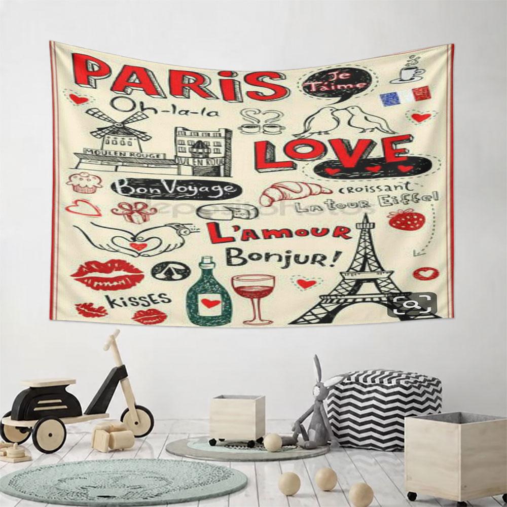 Paris Love Doodles and Eiffel Tower Pattern Wall Hanging Tapestry Decorative Tapestry Home Decor for Bedroom and Living Room