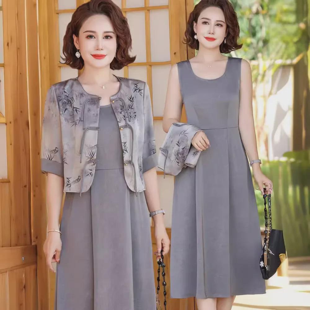 Летнее платье в стиле ретро в китайском стиле 2024 года: Элегантный костюм-двойка для женщин среднего и пожилого возраста