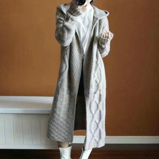 Women Winter Sweater Coat Knitted Thick Hooded Long Sleeve Mid-calf Length Loose Cardiagn Open Stitch Solid Color Soft Oversized Midi Autumn Jacket