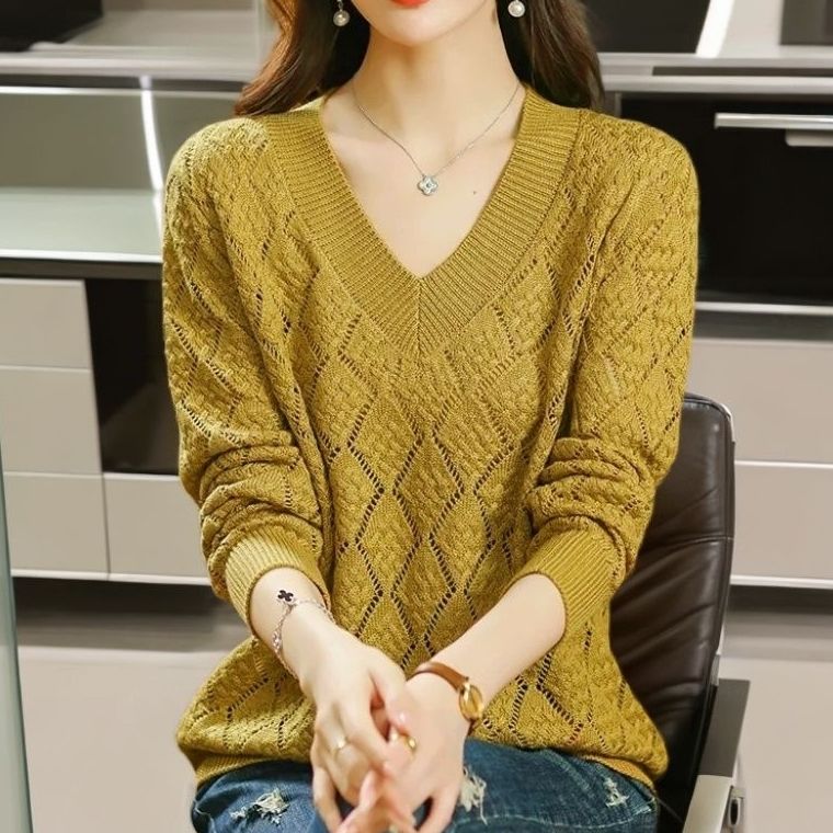 Женский пуловер допаминового цвета размера плюс с V-образным вырезом, свободный, открывающий ключицы, высококачественный вязаный топ с ажурной вязкой для осени и лета