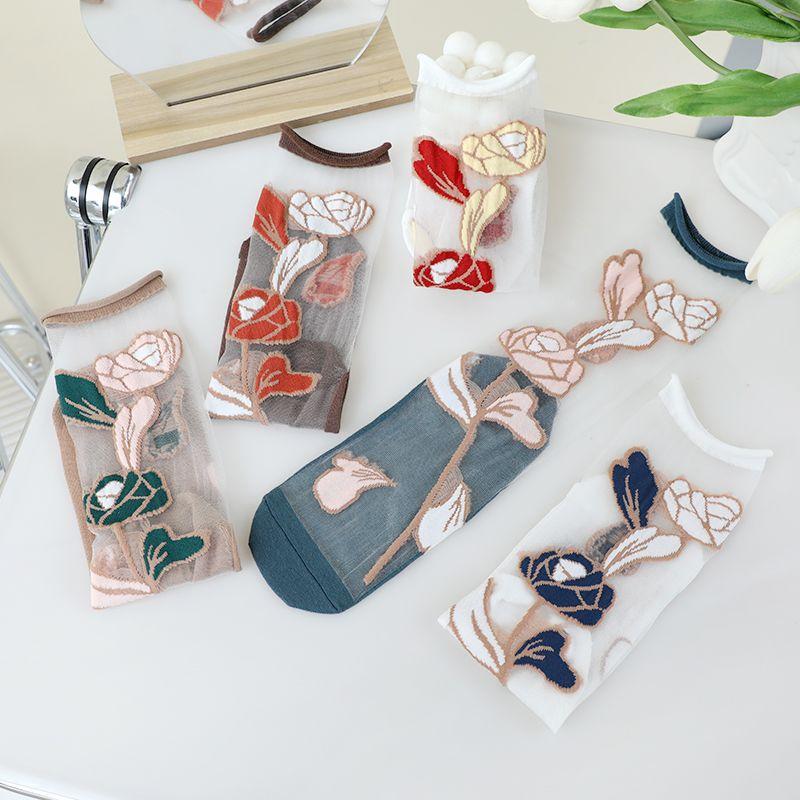 1/3/5/10 пар прозрачных нейлоновых длинных носков, женские летние ультратонкие дышащие шелковые носки с кристаллами, милые кружевные носки с вышивкой и цветочным узором