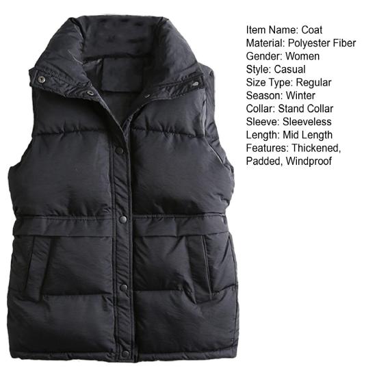 Women Winter Coat with Pockets Press Button Closure Padded Stand Collar Sleeveless