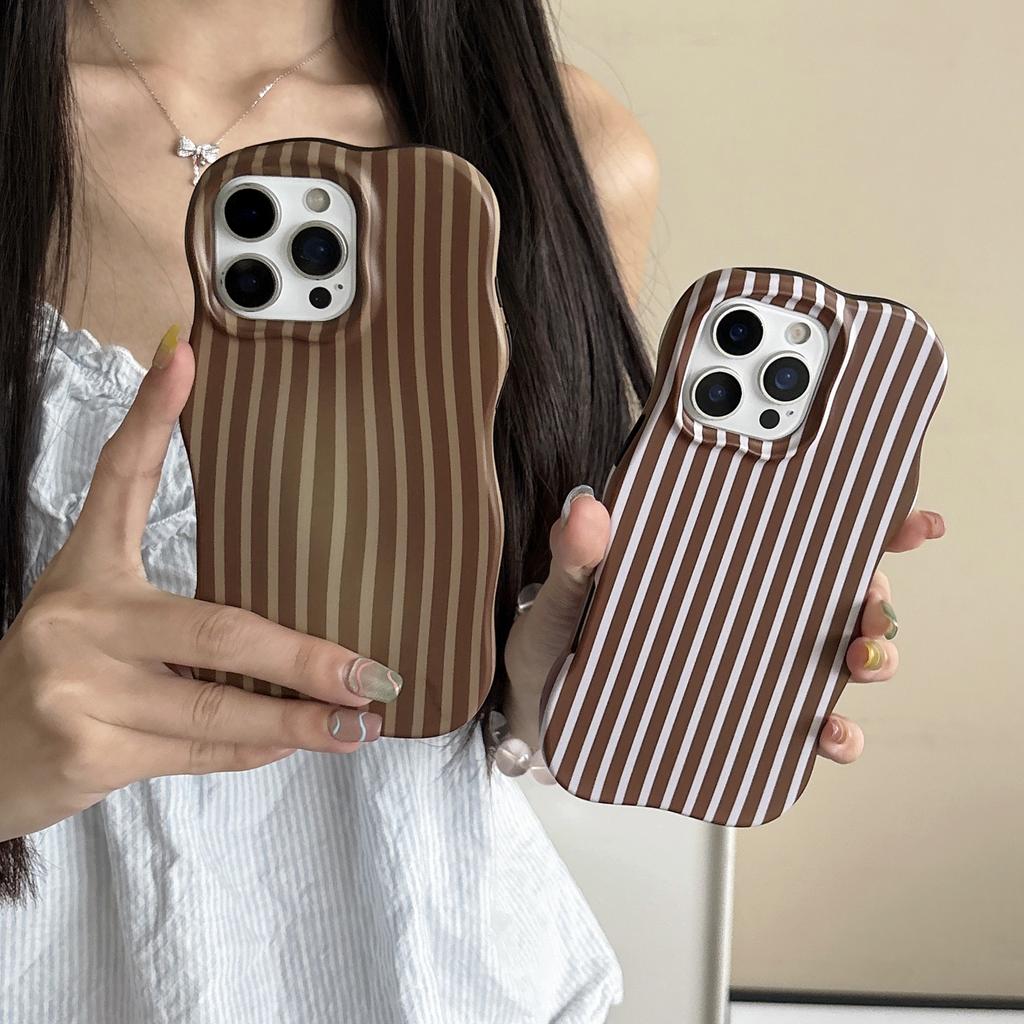 Wave Edges Stripes 2 in 1 TPU+PC Shockproof Phone Case for iPhone 13 14 15 16 17 Pro Max Autumn Brown Color Frosting Cover Shell