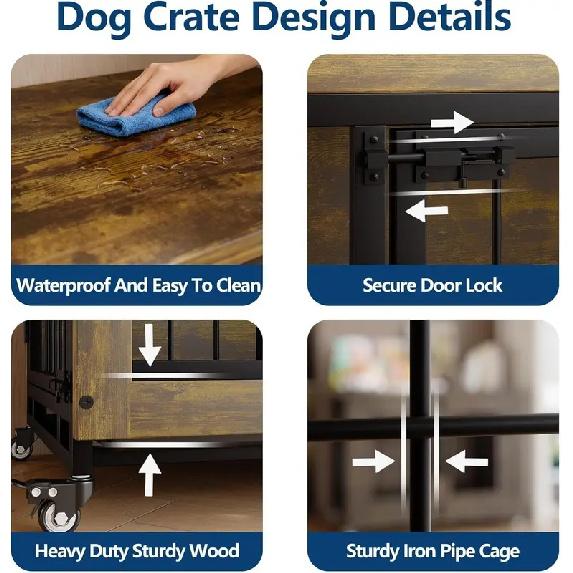 38 Inch Dog Crate Furniture Wooden Dog Kennel End Table with 3 Doors Locking Wheels Removable Tray Divider Indoor Pet Cage Side Table for Small