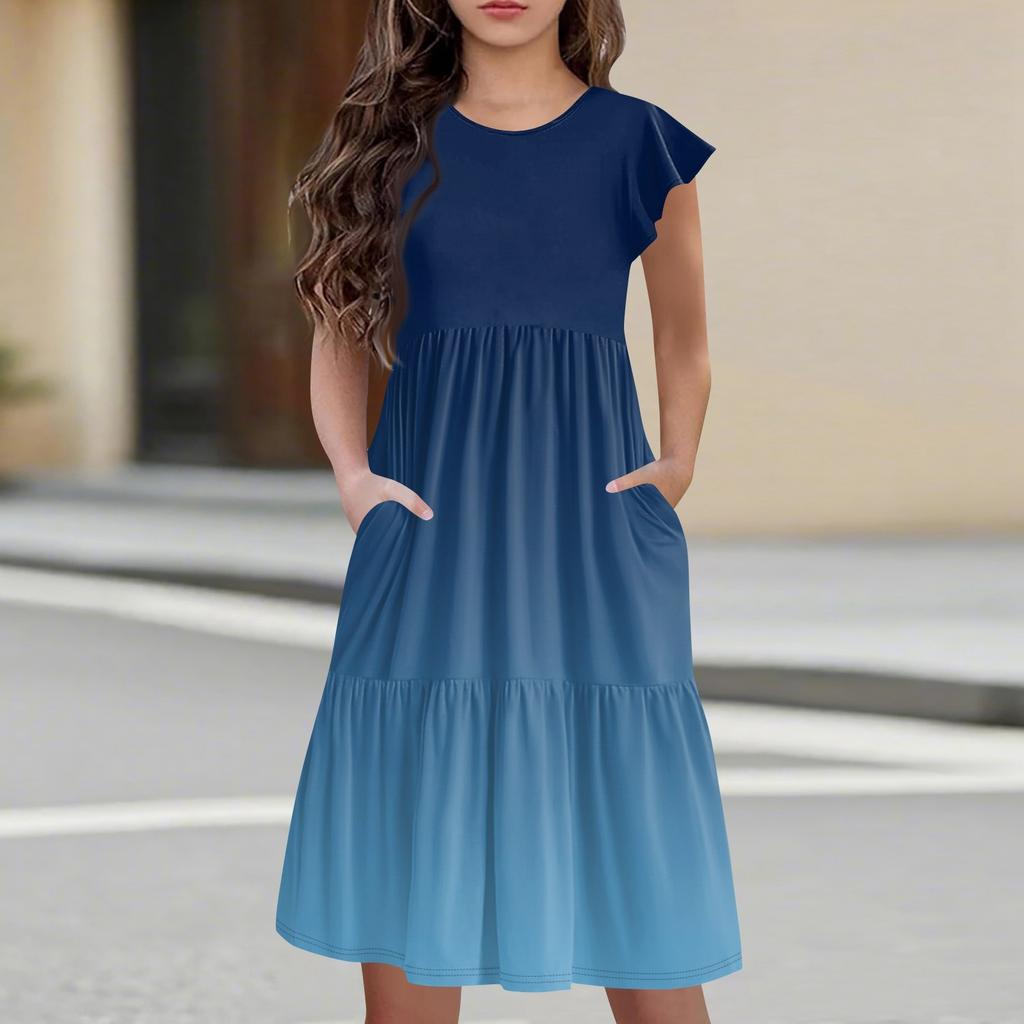 Детская юбка с круглым вырезом, плиссированная, с коротким рукавом, юбка принцессы, модное повседневное платье с карманами для девочек