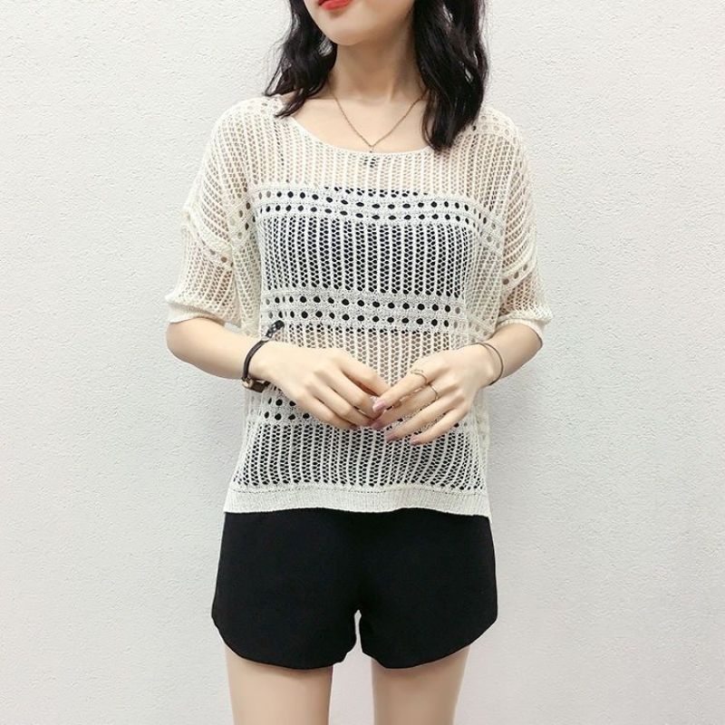 Female Hoodie Leisure, Elegant, Sexy Spring Hollow Round Neck Short Sleeve Knitted Top Summer Short-sleeved Hollowed Out Knit Shirt