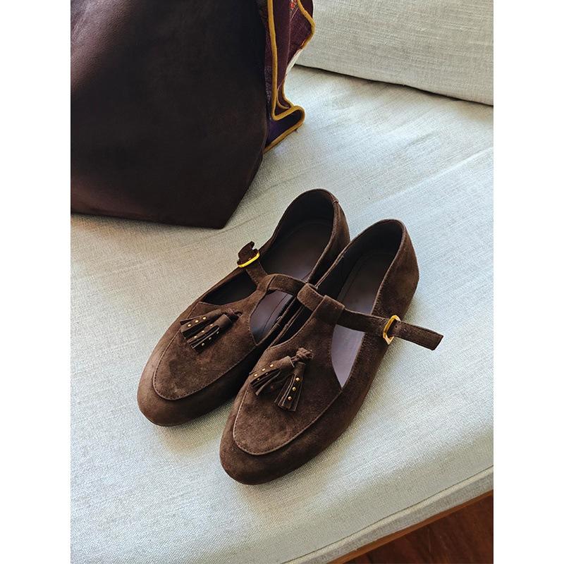 Cowhide Version~ Genuine Leather Niche Fringed Genuine Leather Light Mouth Single Shoes T-buckle Belt Mary Jane Shoes Women's Flat Bottom