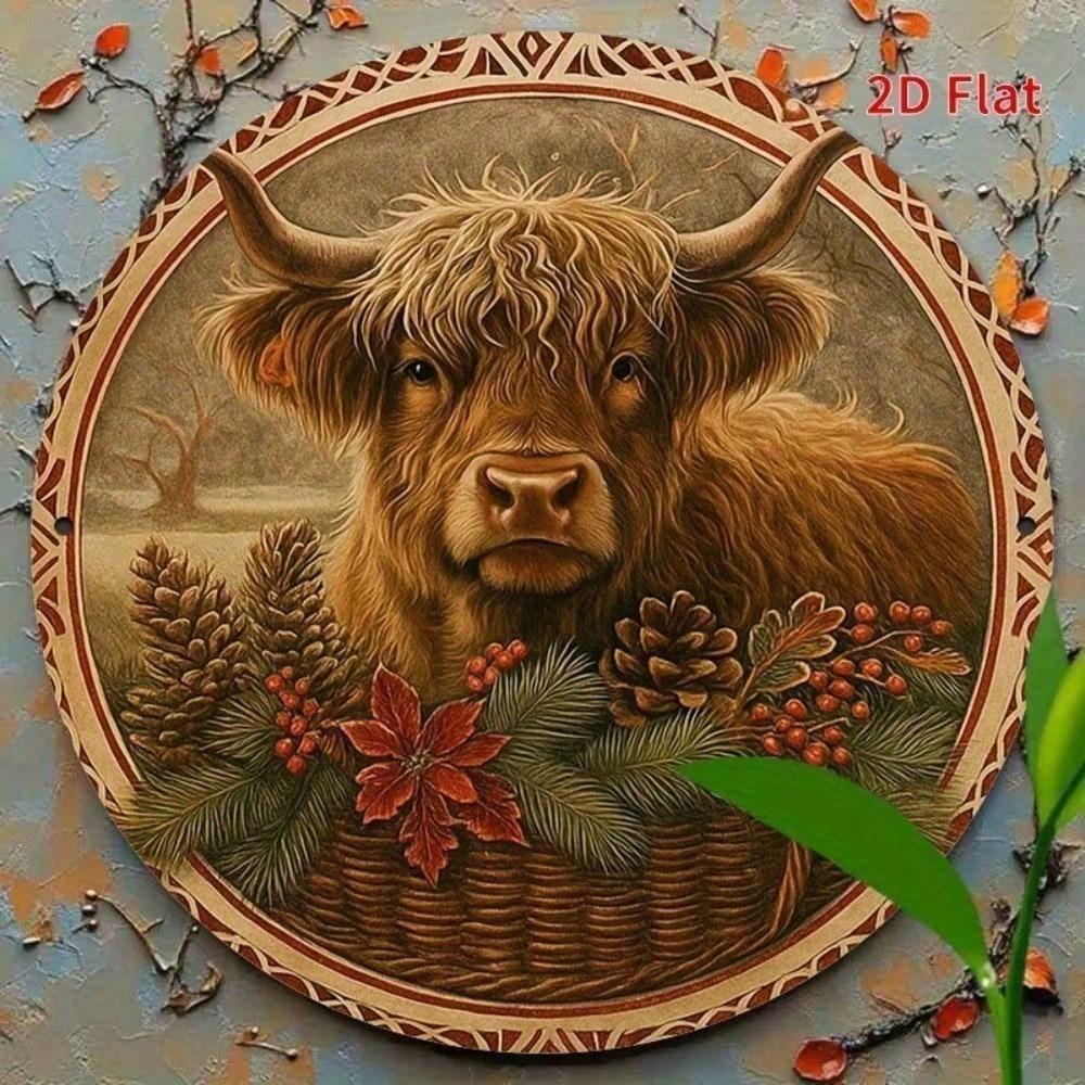 Забавная металлическая настенная art - Шотландская корова, Декор, Круглый знак в стиле farmhouse, Вдохновленный природой, Коричневый, Зеленый