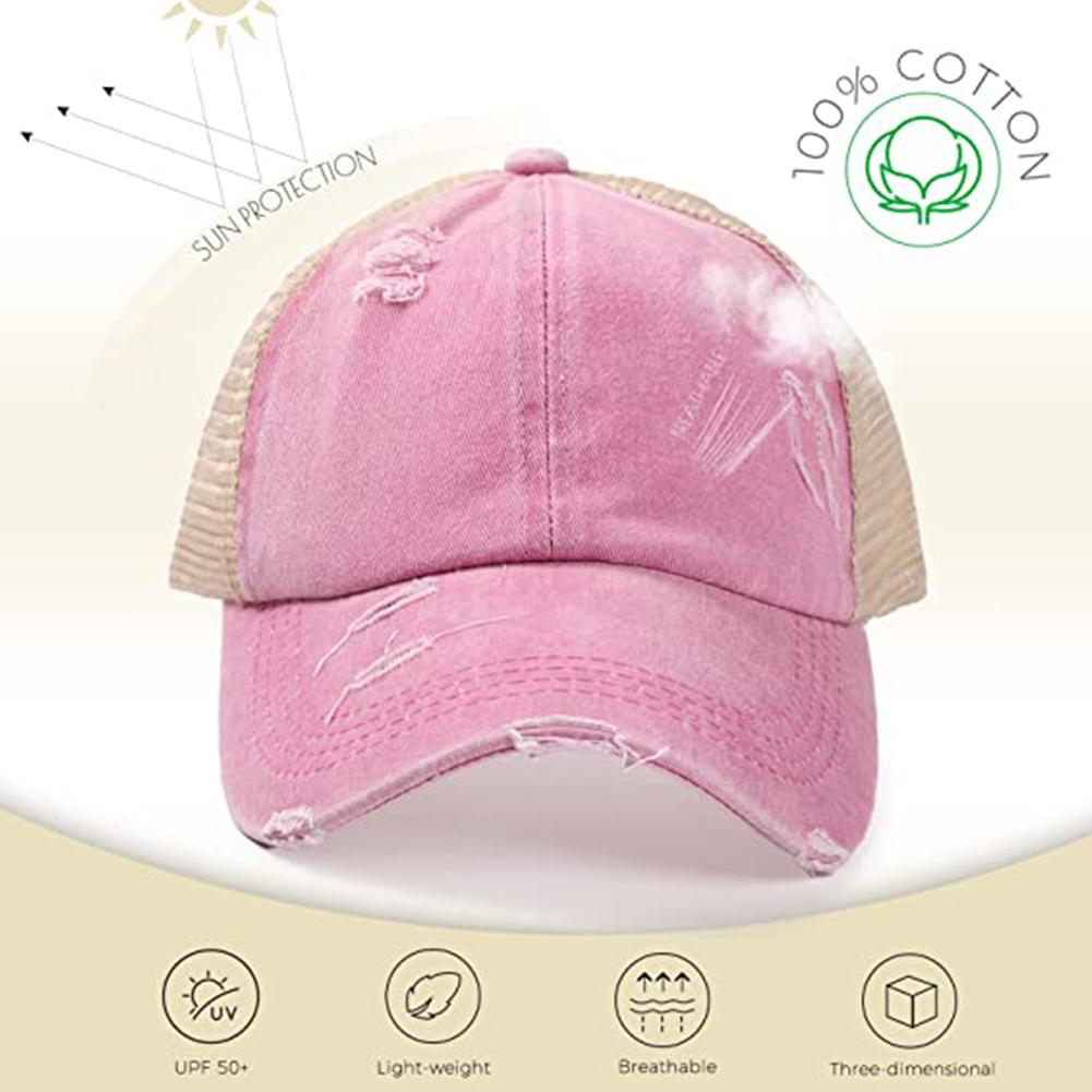 Women Cross Ponytail Baseball Cap Mesh Adjustable Outdoor Sports Washed Distressed Peaked Cap