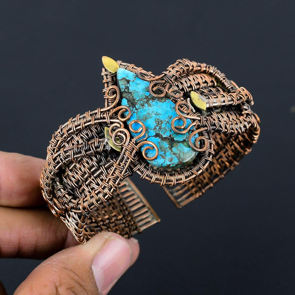 Charming Turquoise Gemstone Handmade Copper Wire Wrap Jewelry Adjustable Bracelet