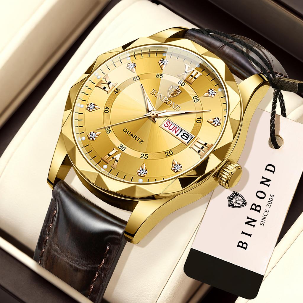 BINBOND Orginal Luxury Precise Quartz Watch For Men Auto Date Durable Luminous Waterproof Men's Watches Leather Strap Reloj