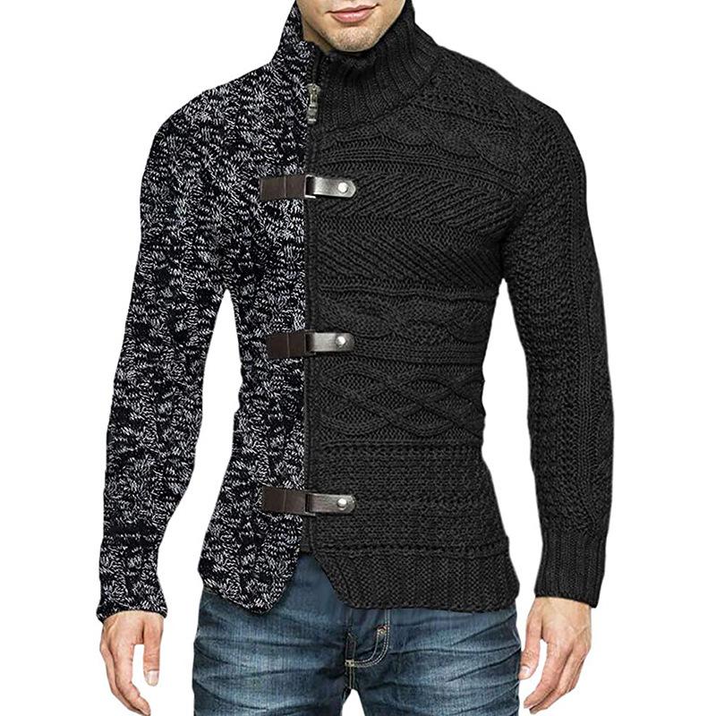 Men's Plus Size Color Block High Neck Cardigan with Leather Buckle - Long Sleeve Knit Sweater, Autumn/Winter Collection
